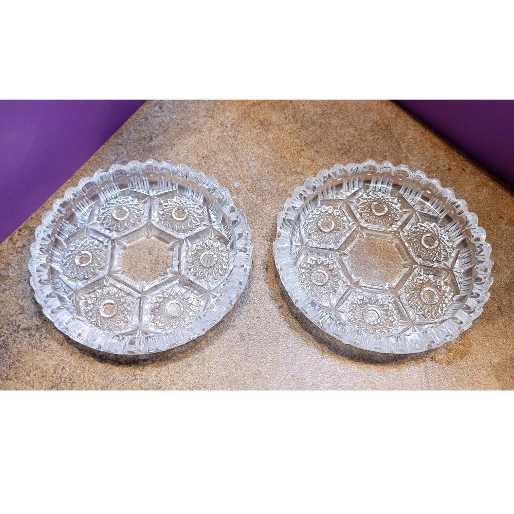 Vintage Clear Pressed Glass Coasters Set of 2 Geometric Starburst Scalloped 4.5"